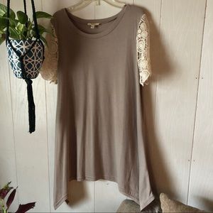 Mocha brown blouse with lace sleeves